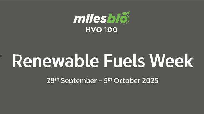 Grey background featuring the milesBio logo and the text' Renewable Fuels Week' with its date, all in white