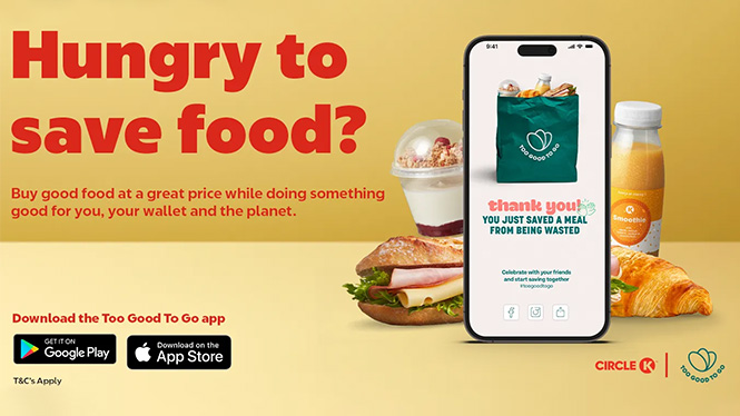 Circle K and Too Good To Go ad promoting discounted surplus food. Shows app screen, sandwich, smoothie, croissant, and download links