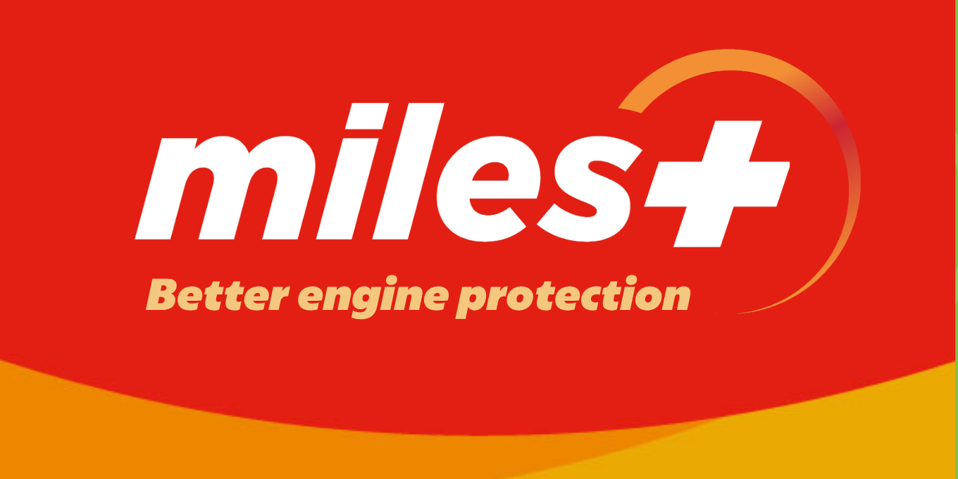 The 'miles+' logo with the phrase 'Better engine protection' on a red background with an orange swoosh