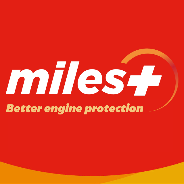 The 'miles+' logo with the phrase 'Better engine protection' on a red background with an orange swoosh