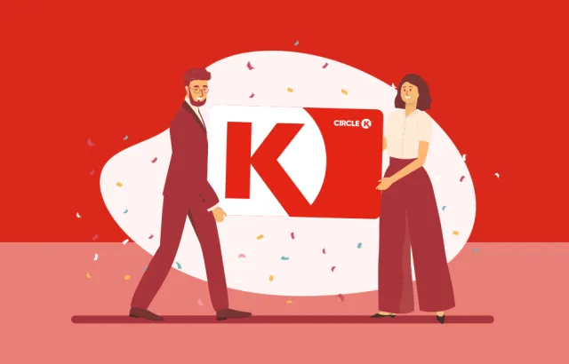 Illustration of two people holding a Circle K gift card
