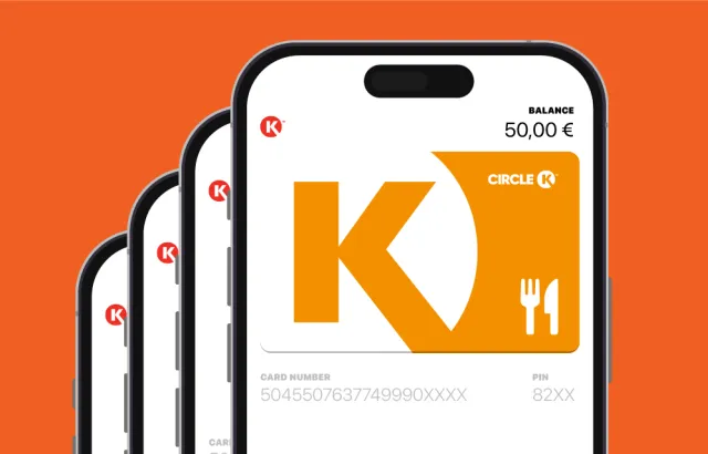 A group of 4 phones showing an orange Circle K card