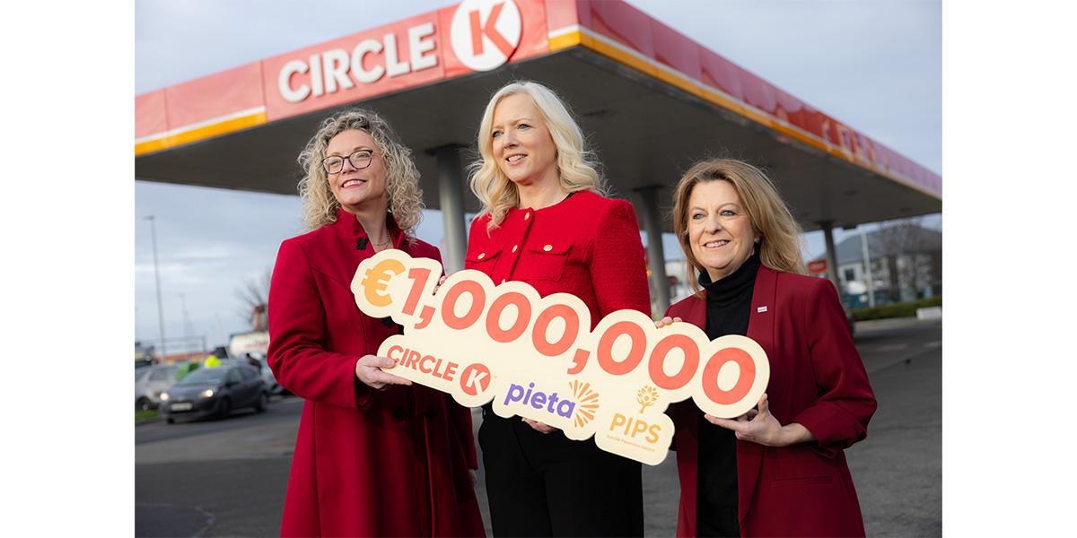 Representatives of Circle K, Pieta and PIPS holding a sign with €1,000,000 written on it, with the CK, Pieta and PIPS logos, posing in front of a CK station